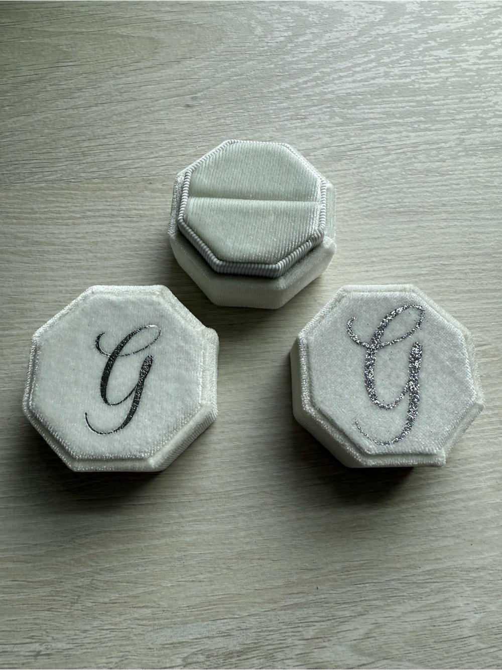 Wedding Decor! Ivory Velvet Ring Box with Silver  “G” Monogram
